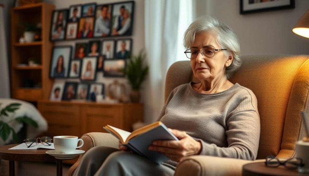 A cozy living room scene with a senior woman sitting in a comfortable armchair, reading a book. Soft, warm lighting illuminates the space, creating a soothing, peaceful atmosphere. In the background, a family photo wall showcases cherished memories. The woman's expression is calm and focused, embodying the essence of daily care and wellbeing. Subtle details like a cup of tea, a blanket, and a pair of reading glasses on a side table complete the scene, conveying a sense of tranquility and the practical routines that support the daily lives of elderly individuals.