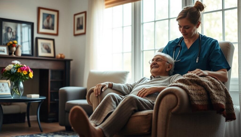 A cozy, well-lit living room with an elderly person resting comfortably on a plush armchair. A caregiver, dressed in a crisp uniform, sits nearby, attentively monitoring the situation. Soft natural light filters through large windows, casting a warm glow on the scene. The room is adorned with personal touches - framed family photos, a vase of fresh flowers, and a knitted throw draped over the chair. The atmosphere is one of tranquility and attentive care, conveying the sense of a nurturing, home-like environment for the elderly individual.