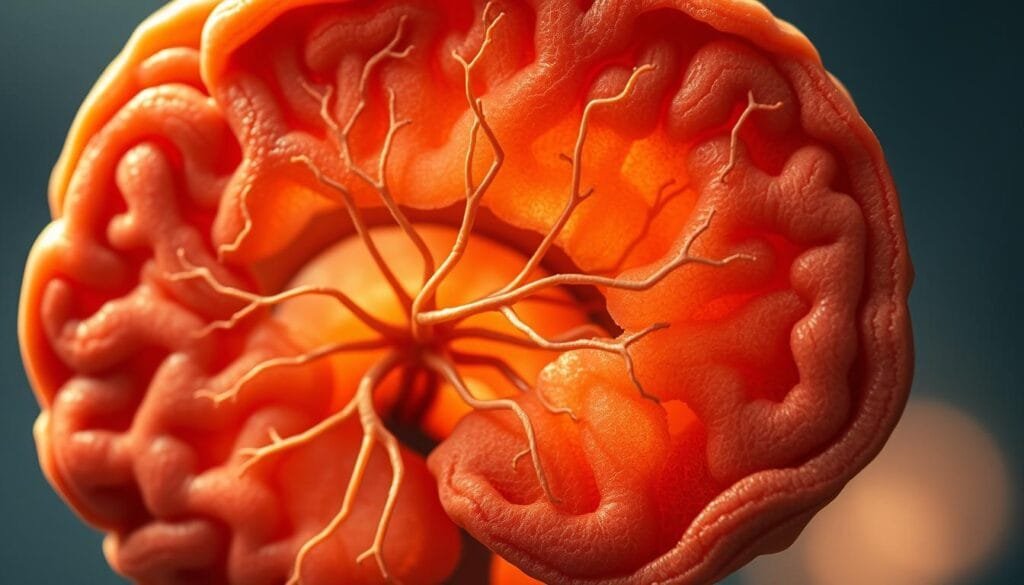 A detailed cross-section of the human brain, revealing the intricate neural networks and the myelinated axons that facilitate neuronal communication. The tissue is depicted in warm, earthy tones, conveying a sense of organic complexity. The image is sharply focused, with a shallow depth of field that draws the viewer's attention to the delicate structures in the foreground. Soft, directional lighting casts subtle shadows, adding depth and dimensionality to the composition. The overall atmosphere is one of scientific curiosity and the beauty inherent in the human body's inner workings, evoking a sense of wonder and contemplation.