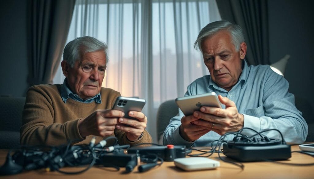 A dimly lit room, the curtains drawn, casting a soft, warm glow over an elderly couple struggling to navigate a smartphone and tablet. The foreground highlights their furrowed brows and uncertain expressions, the technology in their hands a barrier between them and the outside world. In the middle ground, an array of wires and devices clutter the desk, symbolizing the complexity that often accompanies modern technology. The background fades into a hazy, isolated environment, emphasizing the sense of social disconnect. The lighting is muted, creating an atmosphere of frustration and loneliness, underscoring the challenges faced by older adults in a rapidly digitizing world.