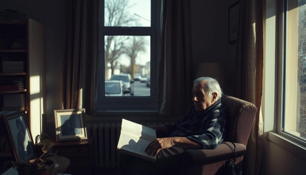 A dimly lit room, with an elderly person seated alone in an armchair, surrounded by symbols of isolation - a closed book, a dusty photo frame, and a withered houseplant. The lighting casts long shadows, creating a melancholic atmosphere. A window in the background shows a blurred view of a deserted street, emphasizing the sense of disconnection from the outside world. The scene is captured through a medium-wide angle lens, allowing the viewer to fully immerse themselves in the subject's solitary experience.
