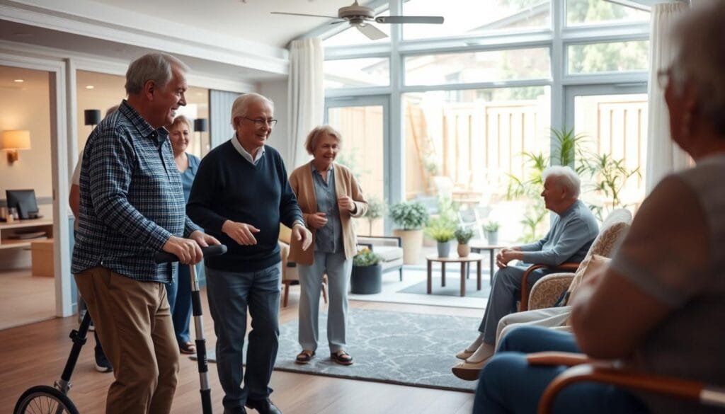 A warm and welcoming elderly care facility, with modern and comfortable interiors. In the foreground, a group of older adults engaged in a lively activity, perhaps a light exercise class or a social gathering. The middle ground features assistive technologies like mobility aids and smart home devices, showcasing innovative solutions for independent living. The background depicts a serene outdoor garden, with carefully tended plants and cozy seating areas, providing a tranquil respite for the residents. The lighting is soft and natural, creating a soothing atmosphere. The overall scene conveys a sense of dignity, community, and a high standard of specialized care for the elderly.