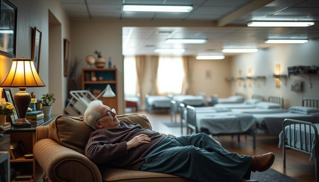 A warm, cozy living room contrasts with a sterile, institutional bedroom. In the foreground, an elderly person rests comfortably in a well-appointed home, surrounded by personal mementos. In the background, rows of uniform beds in a clinical setting convey a sense of isolation. Soft, natural lighting illuminates the homely scene, while harsh fluorescents cast a harsh glow over the institutional space. The composition subtly highlights the differences in quality of life between home-based care and residential facilities, inviting the viewer to contemplate the tradeoffs involved in caring for the elderly.