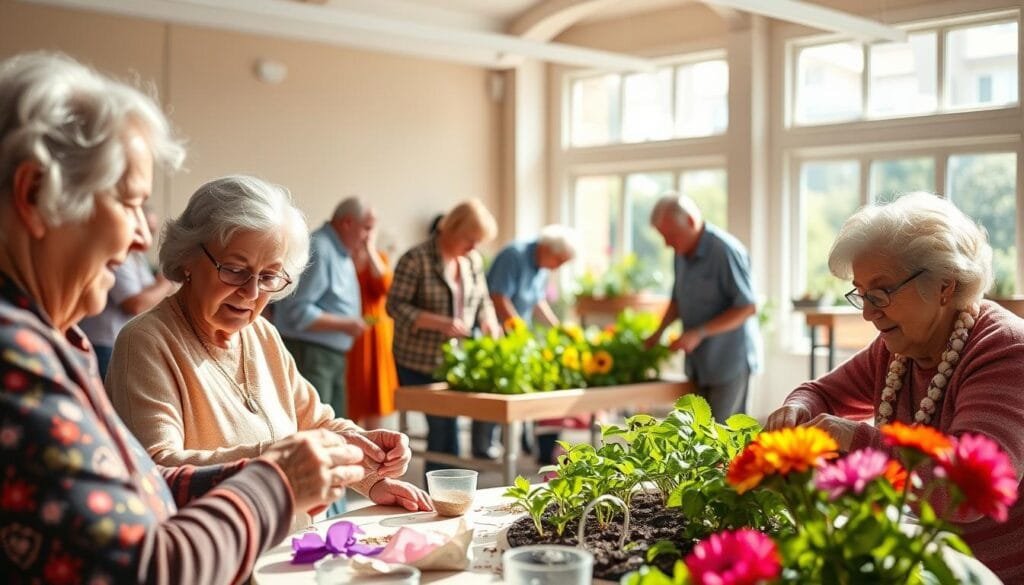 A warm, inviting scene of various community-driven volunteer projects for the elderly. In the foreground, a group of seniors engaged in a lively craft activity, their faces lit by soft, natural lighting. In the middle ground, a gardening station where older adults tend to vibrant flowers and plants, symbolizing growth and renewal. The background features an open, airy space with large windows, allowing sunlight to pour in and creating a sense of openness and possibility. The overall mood is one of togetherness, engagement, and a strong sense of community support for the elderly.