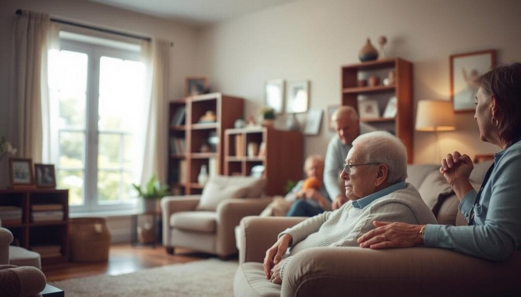 A cozy living room scene showcasing the warm, nurturing care provided to an elderly person with dementia. In the foreground, an elderly person sits comfortably in a plush armchair, surrounded by family members engaged in attentive conversation. Soft, diffused lighting casts a gentle glow, creating a sense of tranquility. The middle ground features personal mementos, framed photos, and a bookshelf, suggesting a lived-in, familiar environment. In the background, a large window allows natural light to filter in, evoking a serene, calming ambiance. The overall composition conveys the compassion, patience, and expertise required in providing in-home care for a loved one with dementia.