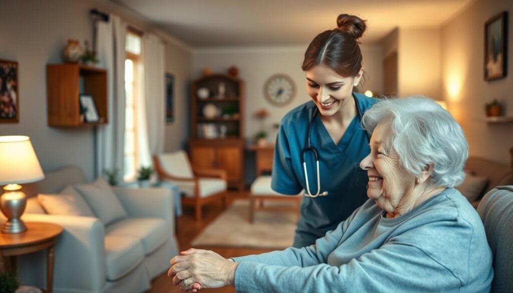 A cozy, well-equipped home interior with specialized care for a person with dementia. In the foreground, a nurse or caregiver gently assists an elderly patient, their expressions warm and attentive. The middle ground features carefully arranged furniture, therapeutic objects, and calming sensory elements like soft lighting and soothing colors. The background depicts a serene, inviting atmosphere, conveying a sense of safety, comfort, and personalized attention. The lighting is soft and diffused, creating a harmonious, nurturing environment. The overall mood is one of compassionate, tailored care, reflecting the unique needs and dignity of the individual with dementia.