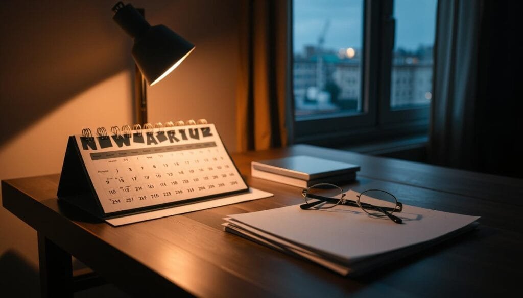 A dimly lit room with soft, warm lighting illuminating a wooden table. On the table, a variety of household objects are arranged neatly - a calendar, a stack of papers, a pen, and a pair of reading glasses. In the background, a window overlooking a cityscape, hinting at the urban setting. The overall atmosphere is one of contemplation and organization, reflecting the factors that determine the costs of in-home care for an elderly person with dementia in Sofia.