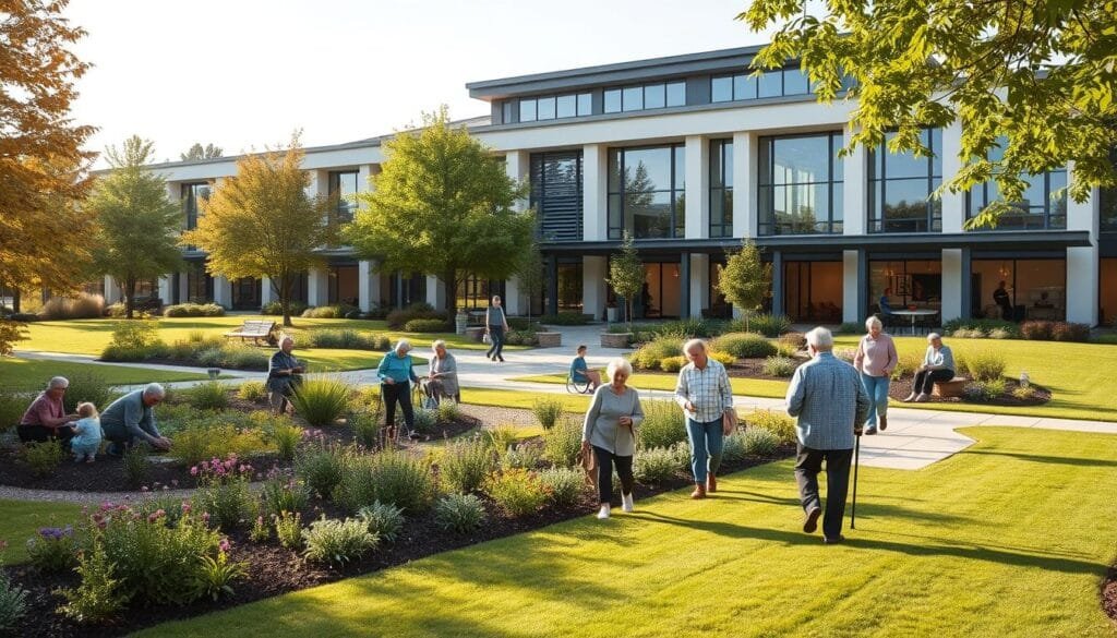 A modern, well-appointed residential care facility with a serene, parklike setting. In the foreground, a group of elderly residents enjoying activities like gardening, art classes, or gentle exercise on the manicured grounds. The middle ground features a state-of-the-art therapy center, with cozy common areas and private consultation rooms. In the background, the elegant main building rises, its sleek, energy-efficient design complementing the lush, landscaped gardens. Warm, natural lighting filters through large windows, creating a welcoming, tranquil atmosphere. The overall scene conveys a sense of comfort, security, and personalized care tailored to the needs of elderly residents, including those living with dementia.
