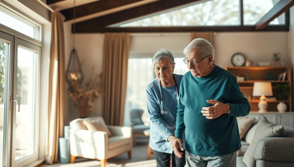 A warm, well-lit interior scene showcasing the compassionate care of an elderly person with dementia. In the foreground, a caregiver tenderly assists the senior, guiding them with a gentle hand. The middle ground features tasteful, comfortable furnishings that create a cozy, homelike atmosphere. In the background, large windows allow natural light to flood the space, conveying a sense of openness and tranquility. The overall mood is one of patience, understanding, and the profound dignity of the elderly. A visually striking representation of the specialized, personalized home care services available for those living with dementia in Sofia.