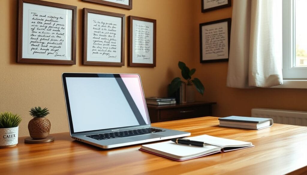 A cozy home office setting with a laptop, notebook, and pen on a wooden desk. Framed client testimonials adorn the walls, showcasing handwritten notes and signatures against a warm, earthy color palette. Soft, diffused lighting from a nearby window casts a gentle glow, creating an inviting and trustworthy atmosphere. The arrangement conveys a sense of professionalism, reliability, and personalized service, reflecting the practical guidance and client insights highlighted in the article section.