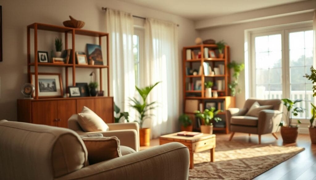 A cozy, well-lit living room with soft, natural lighting filtering through large windows. In the foreground, a comfortable armchair and a side table with familiar knick-knacks, creating a sense of familiarity and security. The middle ground features a sturdy, wooden bookshelf filled with beloved books and framed photographs, evoking a lifetime of memories. The background showcases a warm, earthy color palette, with a plush rug and plants strategically placed to create a calming, nurturing atmosphere. The overall scene conveys a safe, recognizable environment that would be comforting and reassuring for an individual living with dementia.