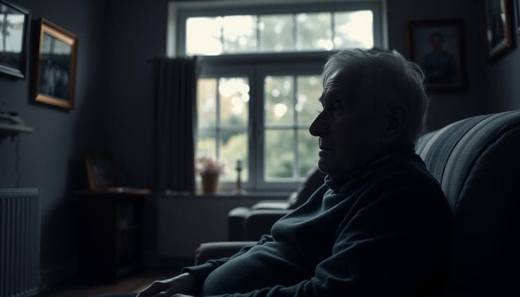 A dimly lit room with an elderly person, sitting in a comfortable armchair, their gaze distant and pensive. The walls are adorned with family photos, hinting at a lifetime of cherished memories. In the background, a window offers a glimpse of a tranquil garden, symbolizing the serenity they once knew. The lighting is soft, casting subtle shadows and highlighting the person's weathered features, conveying a sense of vulnerability and the challenges of living with dementia. The scene evokes a poignant atmosphere, reflecting the daily struggles and the need for compassionate care that this individual and their loved ones face.