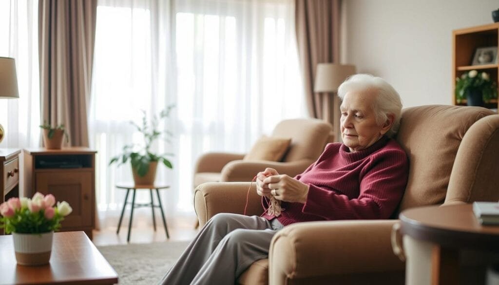 A peaceful daily routine for a person with dementia. A serene living room with soft natural lighting filtering through sheer curtains. An elderly person sitting comfortably in a plush armchair, engaged in a simple task like knitting or reading a book. The room is clutter-free and organized, creating a calming environment. Warm wooden furniture and muted color tones evoke a sense of familiarity and security. A potted plant or flowers add a touch of liveliness. The person's expression is calm and content, reflecting the stability and predictability of their daily routine. The scene conveys a sense of care, comfort, and dignity in the home setting.