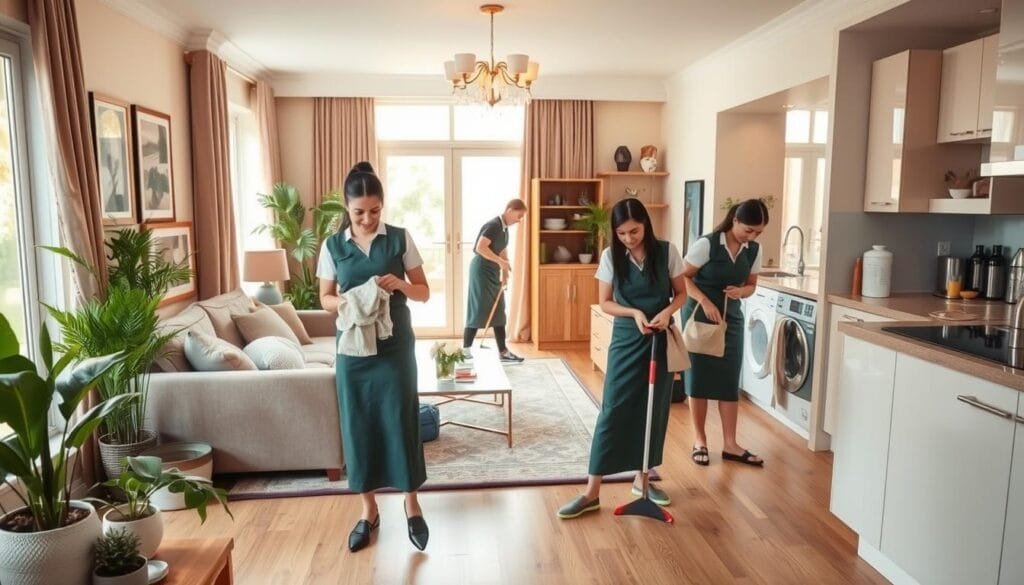 A warm, inviting interior with a cozy, well-organized home environment. In the foreground, a team of capable domestic helpers, dressed in professional attire, are actively engaged in various household tasks such as cleaning, folding laundry, and arranging decor. The middle ground features a well-appointed living room with tasteful furnishings, natural lighting streaming through large windows, and potted plants adding a touch of nature. In the background, a modern, spacious kitchen with gleaming appliances and a well-stocked pantry, creating a sense of efficiency and organization. The overall atmosphere conveys a harmonious and productive household, reflecting the guidance and advice offered in the article's section on choosing the right domestic assistance.