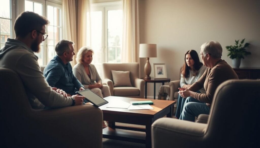 A warm, inviting living room with soft, natural lighting streaming through large windows. In the foreground, a family gathers around a coffee table, discussing important criteria for selecting a caregiver, represented by a tablet or notebook. The middle ground features a cozy armchair and side table, suggesting a comfortable, intimate setting for this important conversation. The background depicts a soothing, neutral-toned wall with minimal decor, allowing the focus to remain on the family's interaction. The overall atmosphere conveys a sense of care, consideration, and thoughtfulness as they navigate the process of finding suitable care for their loved one.