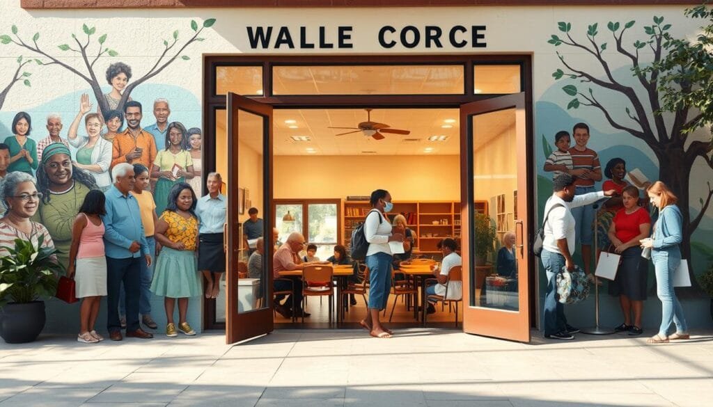 A warm, welcoming community center, its facade adorned with vibrant murals depicting people of diverse backgrounds engaged in various social services. Through its open doors, we glimpse a spacious interior filled with natural light, bustling with activity - seniors gathered for a meal, young children playing in a colorful playroom, and caseworkers assisting visitors with paperwork. The atmosphere exudes a sense of inclusivity and support, reflecting the range of social programs and resources available to those in need. Soft, diffused lighting casts a gentle glow, while strategic camera angles showcase the interconnectedness of the services on offer, all united in their mission to uplift and empower the local community.